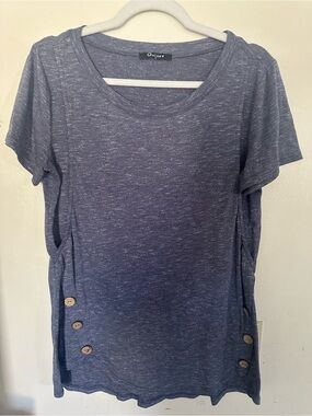 Quinee Blue Space Dye Short Sleeve T-Shirt Side Pockets Wooden Buttons M